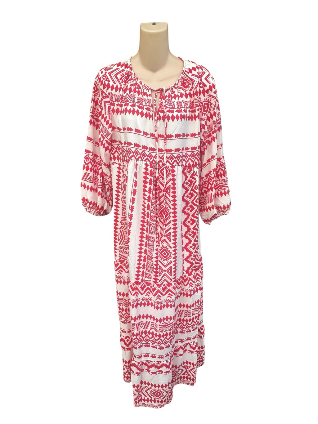 Dokotoo Boho Maxi Dress With Red Geometric Pattern And Puff Sleeves